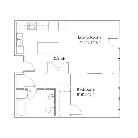 Floor plan for 1 bed, 1 bath, 887 sqft